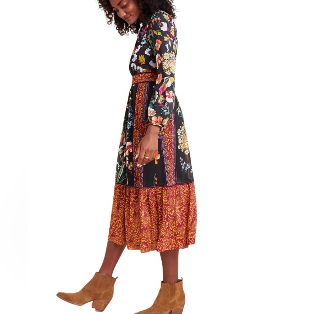 Anthropologie Adair Vibrant Floral Velvet-Trimmed Midi Dress Flounce Ruffle - Picture 3 of 12